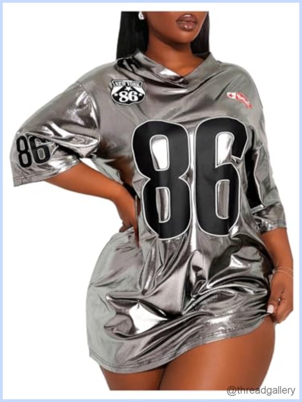 Metallic Y2K Oversized V-Neck Tee Short Sleeve Party Top